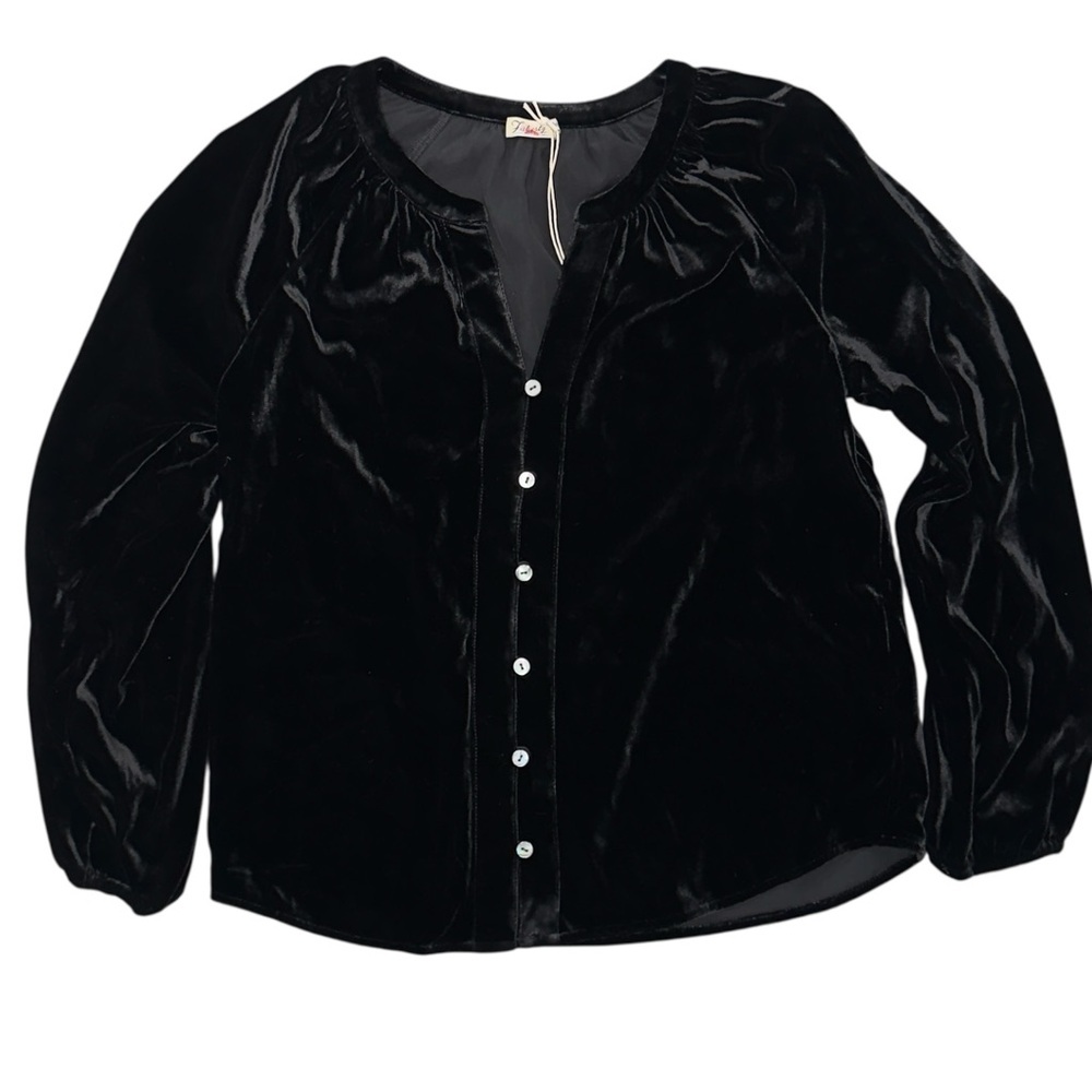 Faherty XS Black Naomi Velvet Silk V-Neck Button Down Long Sleeve Shirt NWT
